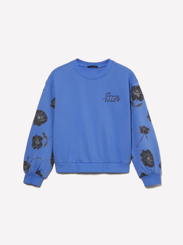 Lilac cropped sweatshirt with floral print and embroidery - girls' knitwear - Blue | Sisley Young image number 1